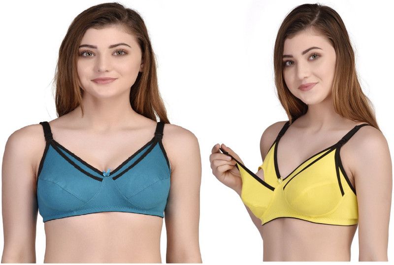 Pack of 2 Women Maternity/Nursing Non Padded Bra  (Yellow, Blue)
