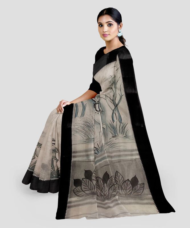 Hand Painted Jamdani Cotton Blend Saree  (White, Black, Grey)