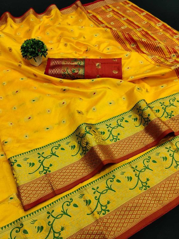 Applique Banarasi Cotton Silk Saree  (Yellow)