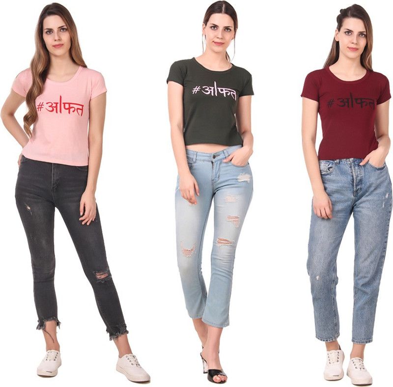 Pack of 3 Women Typography Round Neck Cotton Blend Green, Maroon, Pink T-Shirt