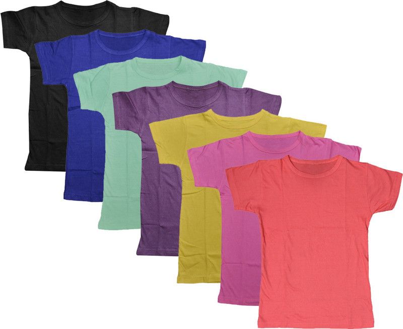 Boys & Girls Solid Polycotton T Shirt  (Multicolor, Pack of 7)