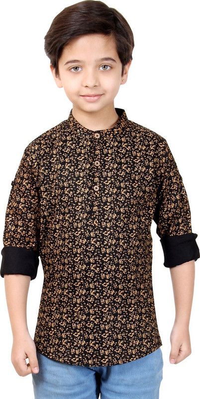 Boys Printed Kurta  (Black)