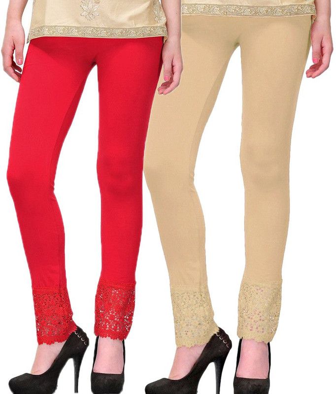 Ankle Length Western Wear Legging  (Red, Beige, Solid)