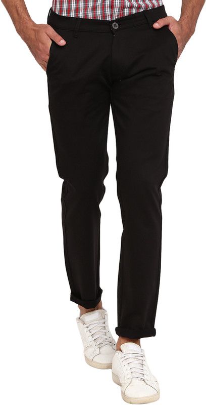 Men Slim Fit Black, Black Pure Cotton Trousers