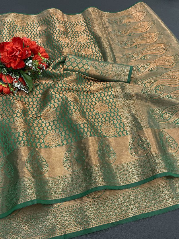 Self Design, Printed, Striped, Embroidered, Woven, Floral Print Banarasi Jacquard, Cotton Silk Saree  (Green)