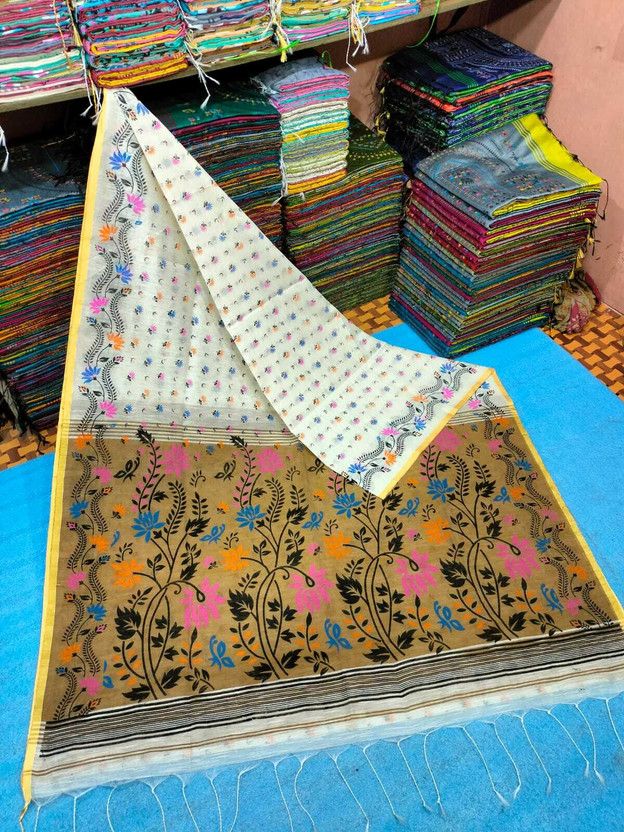 Printed Madhubani Handloom Cotton Silk Saree  (Brown, White)