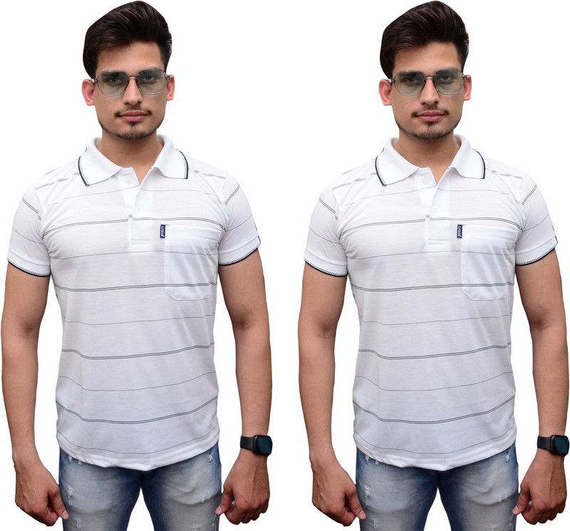 Striped Men White T-Shirt  (Pack of 2)