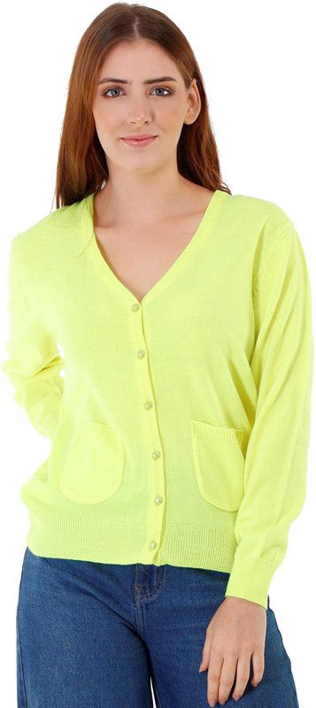 Women Woven V Neck Green Sweater