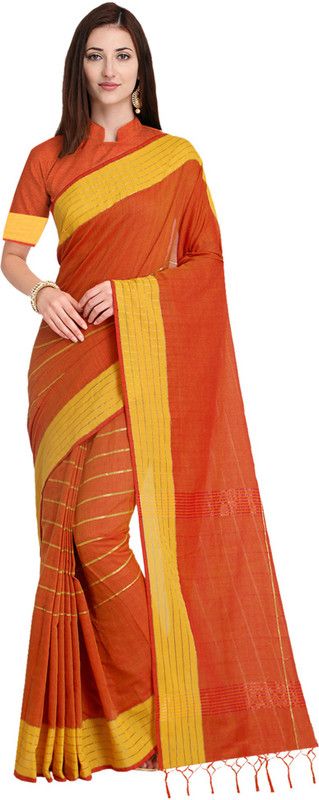 Solid/Plain Handloom Silk Blend, Art Silk Saree  (Orange)