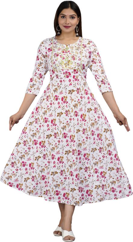 Women Self Design Viscose Rayon Anarkali Kurta  (White)