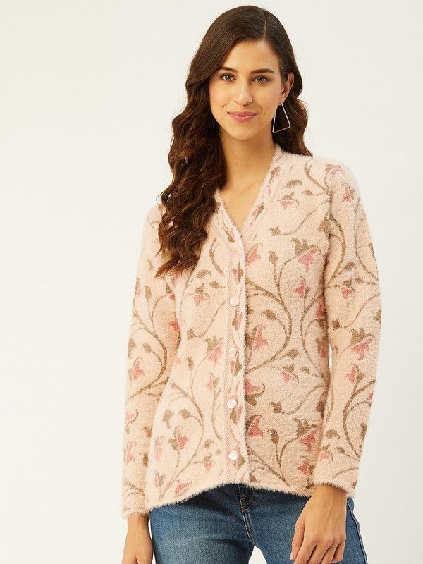Women Self Design, Floral Print V Neck Pink Sweater