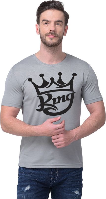 New King T-Shirt Men Graphic Print Round Neck Polyester Grey T-Shirt