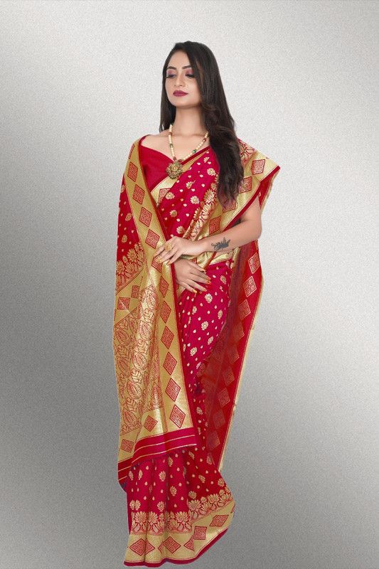 Banarasi Silk Blend, Cotton Silk Saree  (Maroon, Gold)