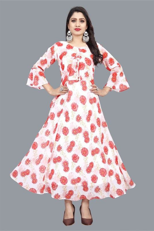 Flared/A-line Gown  (Red, White)