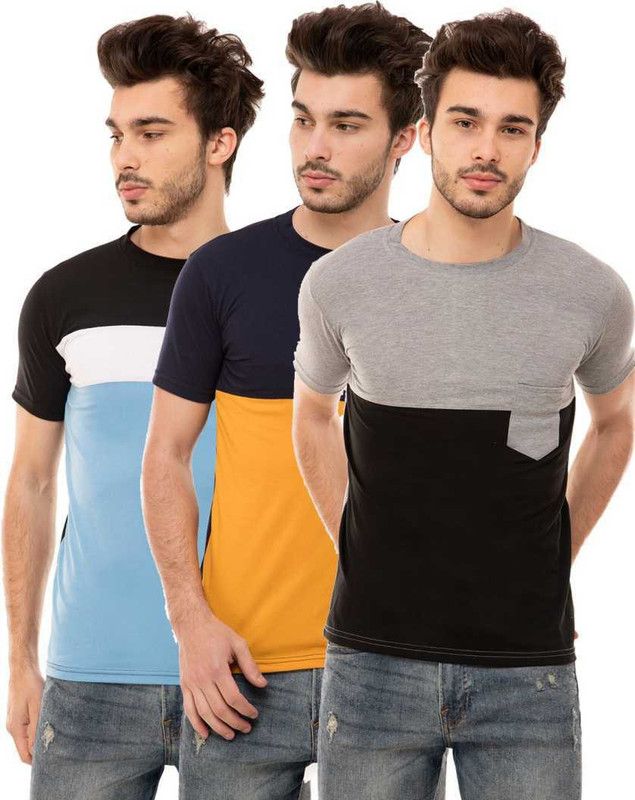 Pack of 3 A Men Solid Round Neck Cotton Blend Multicolor T-Shirt