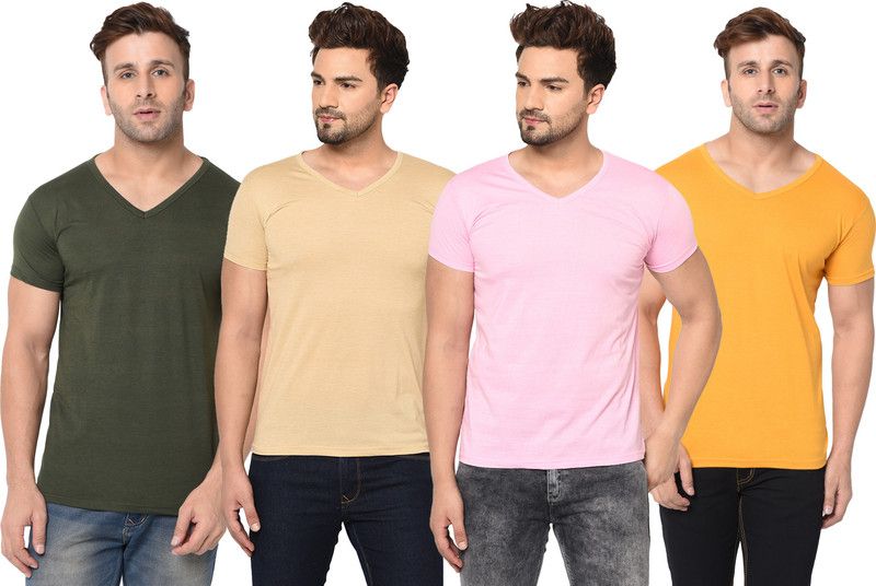 Pack of 4 Men Solid V Neck Cotton Blend Green, Pink, Beige, Yellow T-Shirt