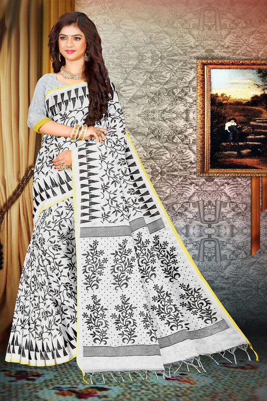 Printed Handloom Cotton Silk Saree  (White)