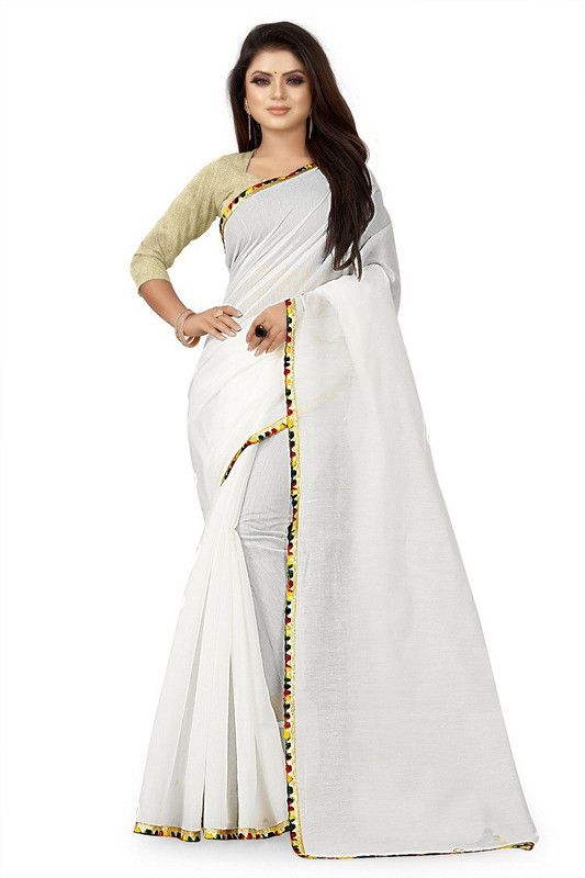 Solid/Plain Bollywood Cotton Silk Saree  (White)