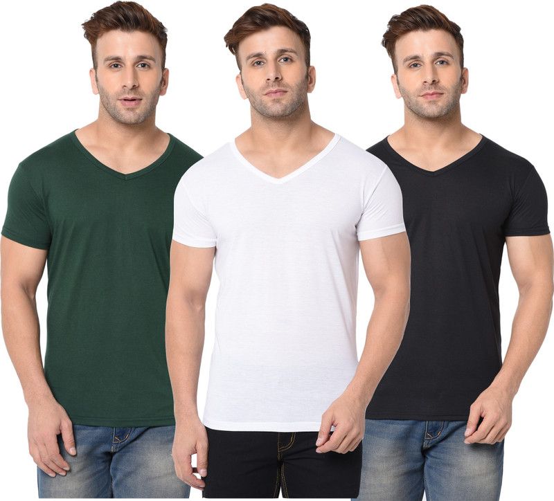 Pack of 3 Men Solid V Neck Cotton Blend Dark Green, White, Black T-Shirt