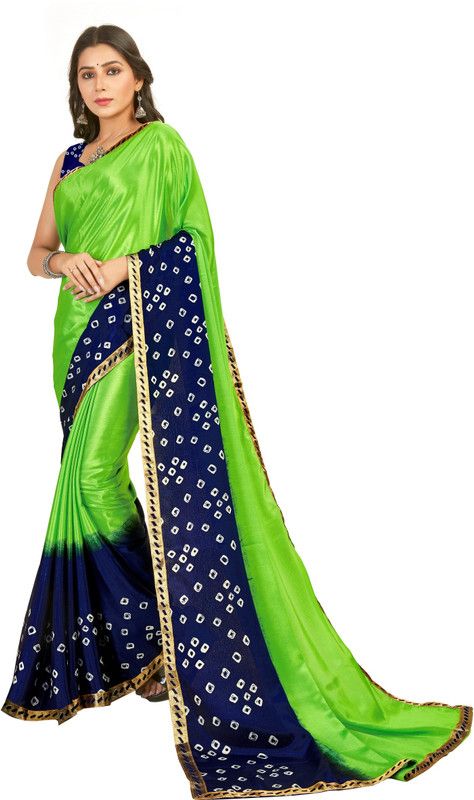 Bandhani Silk Blend Saree  (Green, Dark Blue)