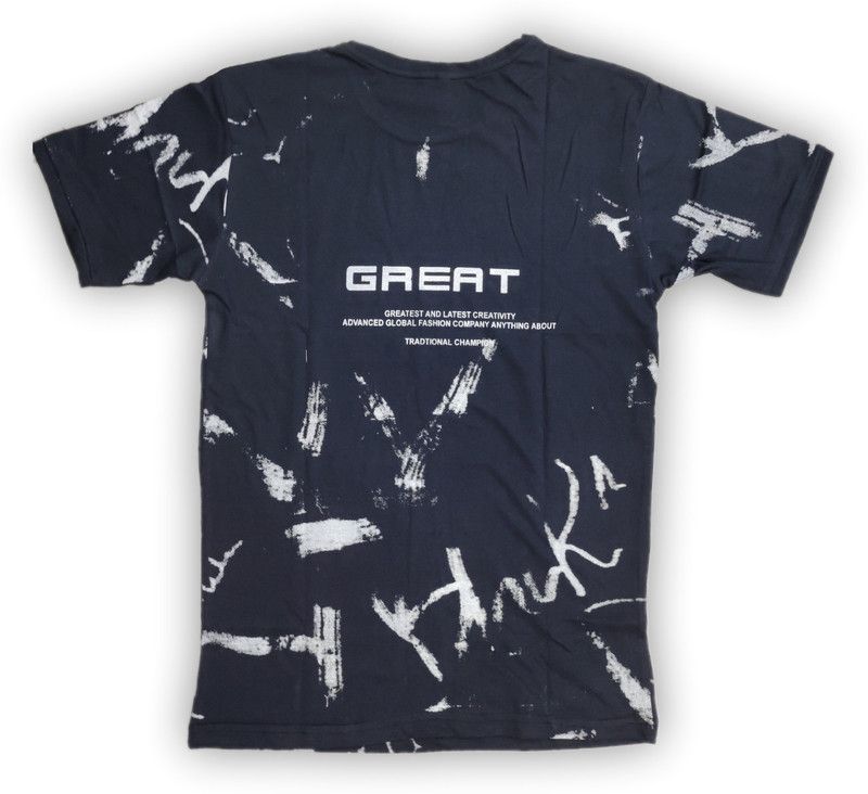 Men Typography Round Neck Viscose Rayon Dark Blue T-Shirt