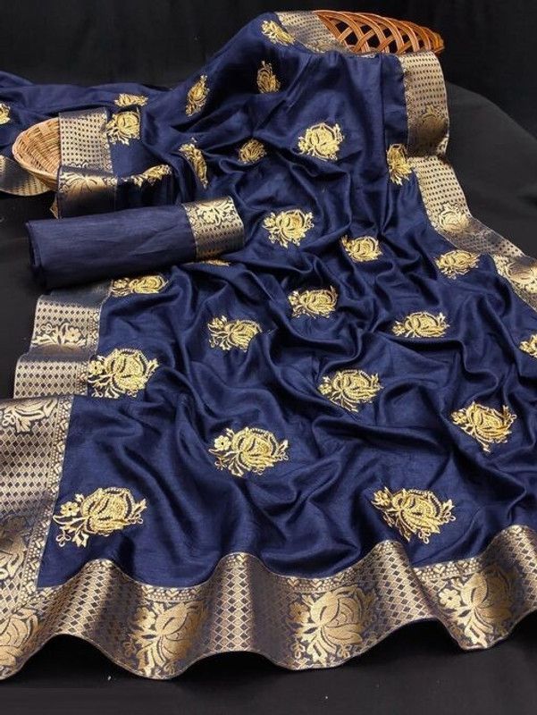 Kanjivaram Silk Blend Saree  (Dark Blue)