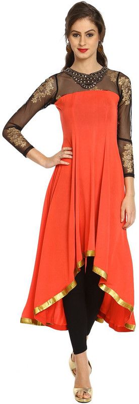 Women Self Design Polyester High Low Kurta  (Orange)