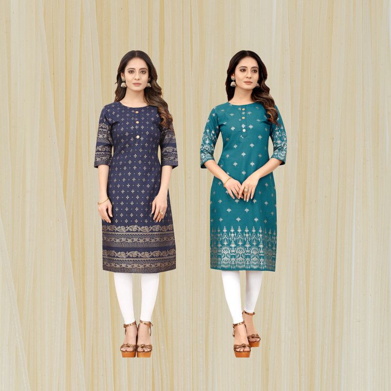 Pack of 2 Women Printed Pure Cotton Straight Kurta  (Dark Blue, Light Blue)