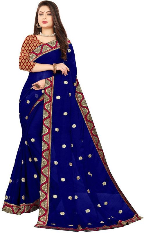 Embroidered Fashion Chiffon Saree  (Dark Blue)