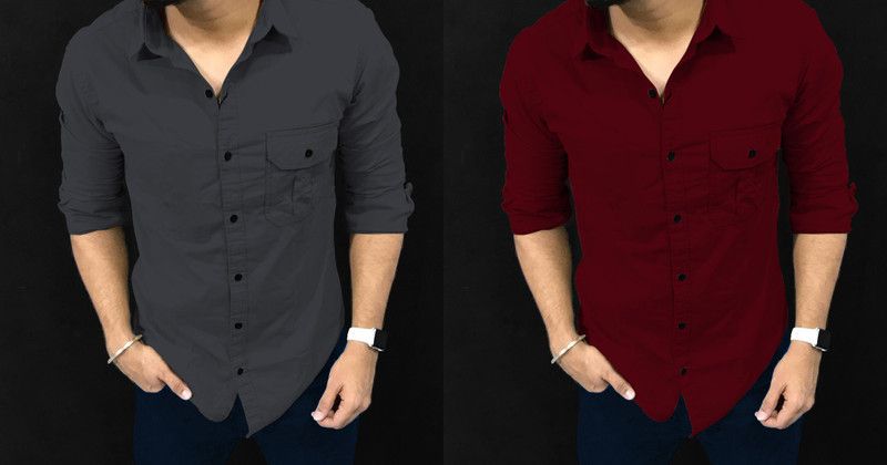 Men Solid Casual Maroon, Grey Shirt  (Pack of 2)