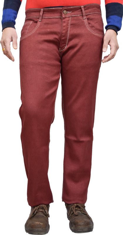 Men Slim Mid Rise Maroon Jeans