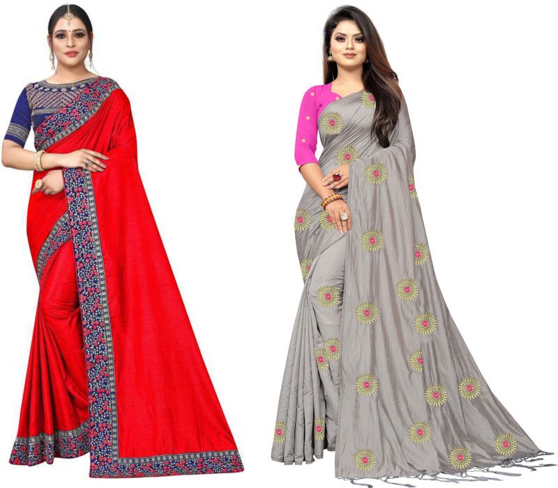 Embroidered Bollywood Silk Blend Saree  (Pack of 2, Red, Black)