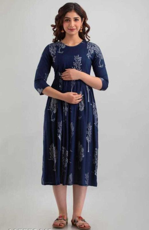 Women Floral Print Cotton Rayon Flared Kurta  (Blue)