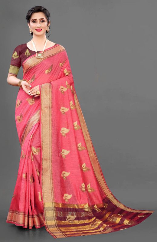 Woven Banarasi Jacquard, Cotton Silk Saree  (Magenta, Gold)