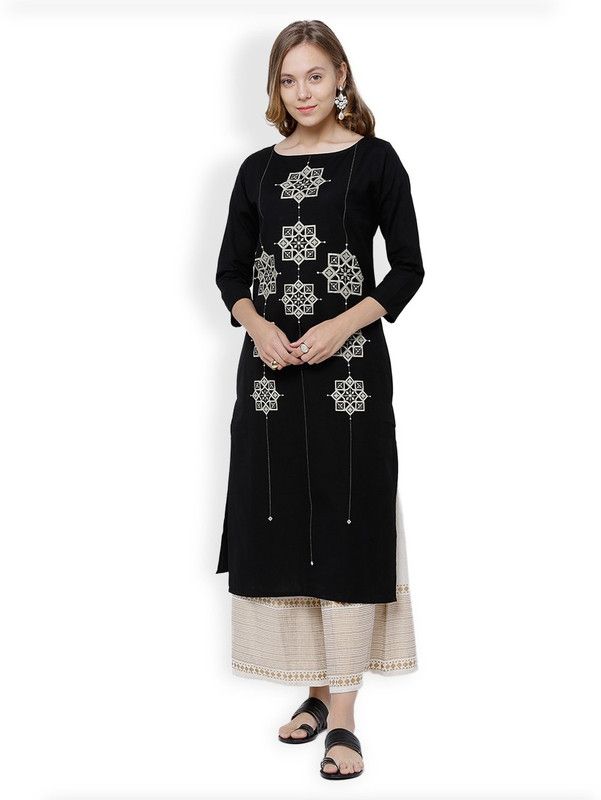 Women Solid Cotton Linen Straight Kurta  (Black, Beige)