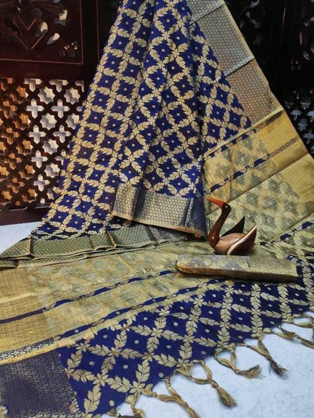 Woven Daily Wear Silk Blend Saree  (Dark Blue)