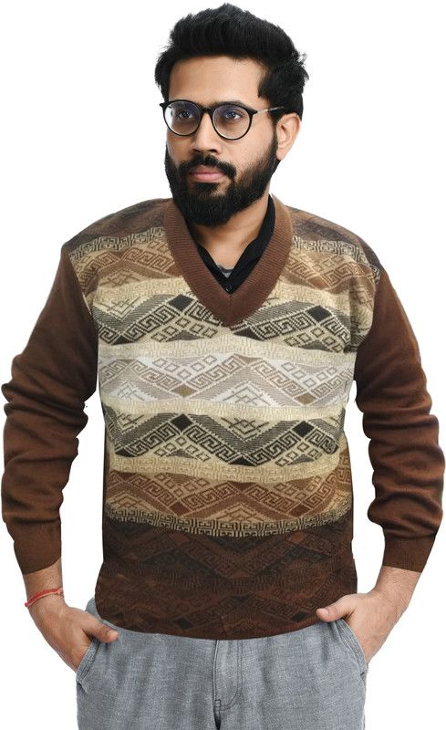 Men Striped, Printed, Woven V Neck Brown Sweater