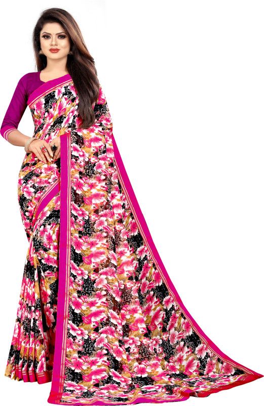 Floral Print Bollywood Georgette Saree  (Multicolor, Pink)