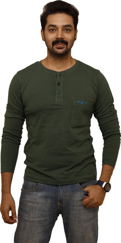 Men Embroidered Henley Neck Cotton Blend Dark Green T-Shirt