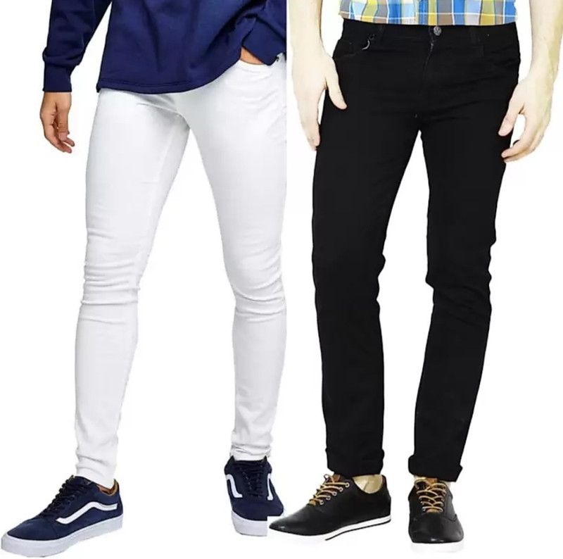 Men Slim Mid Rise Black, White Jeans  (Pack of 2)