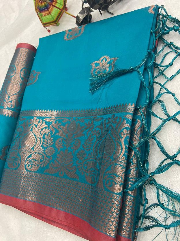 Self Design Kanjivaram Pure Silk, Cotton Silk Saree  (Blue)