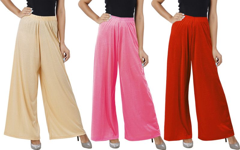 Pack of 3 Women Flared Beige, Pink, Orange Cotton Blend Trousers