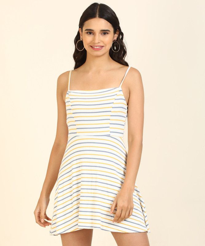 Women A-line White, Blue, Yellow Dress