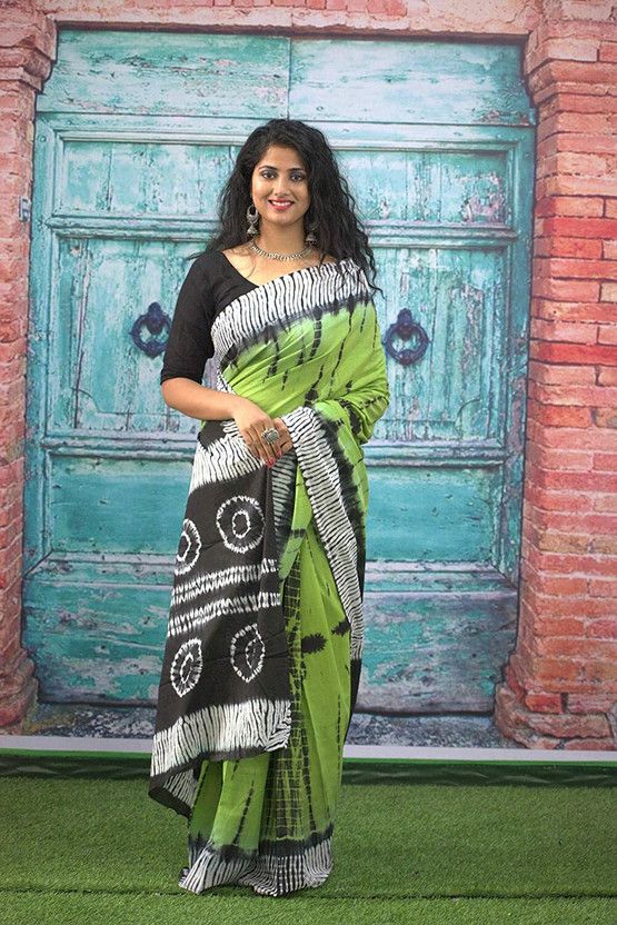 Printed Daily Wear Pure Cotton Saree  (Green, Black)
