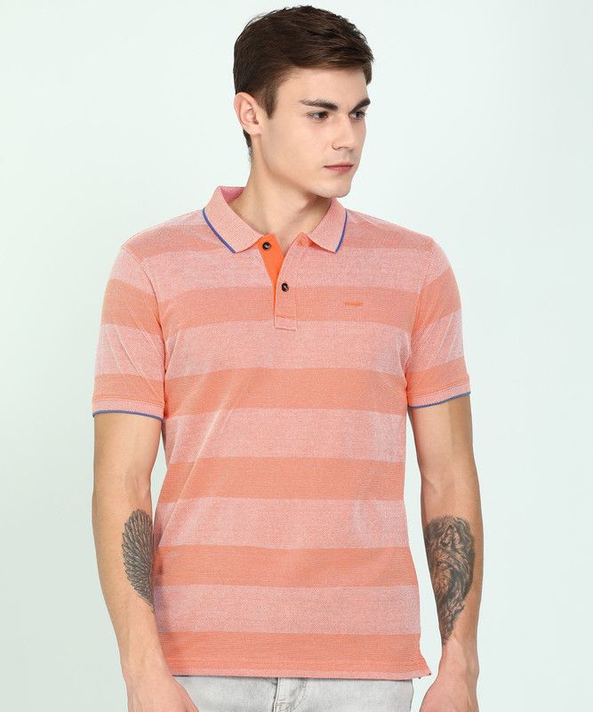 Men Striped Polo Neck Pure Cotton Pink, Orange T-Shirt