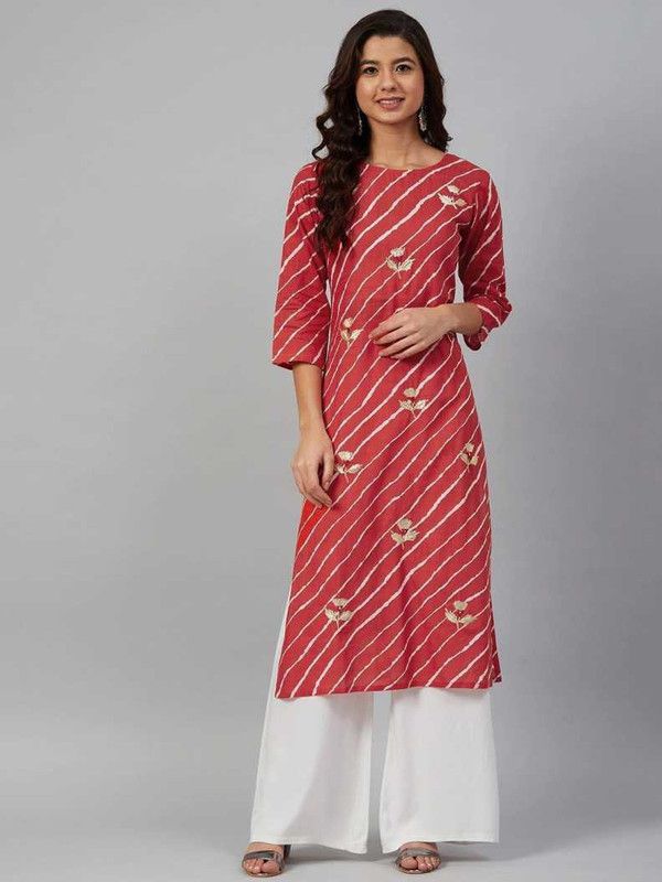Women Leheriya Cotton Blend A-line Kurta  (Red, White)