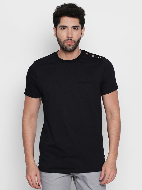 DMTS16BL Men Self Design Round Neck Cotton Blend Black T-Shirt