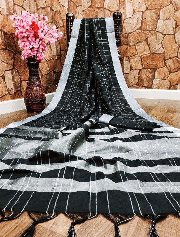 Striped Fashion Cotton Blend Saree  (Black)