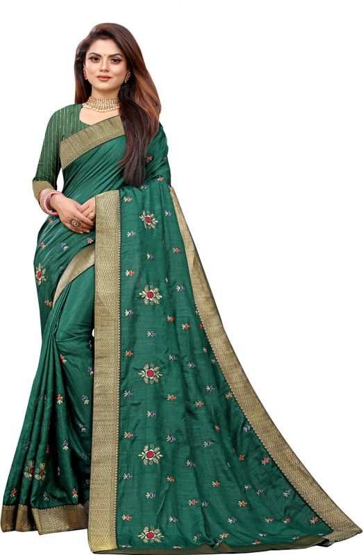 Embroidered Kanjivaram Art Silk Saree  (Dark Green)
