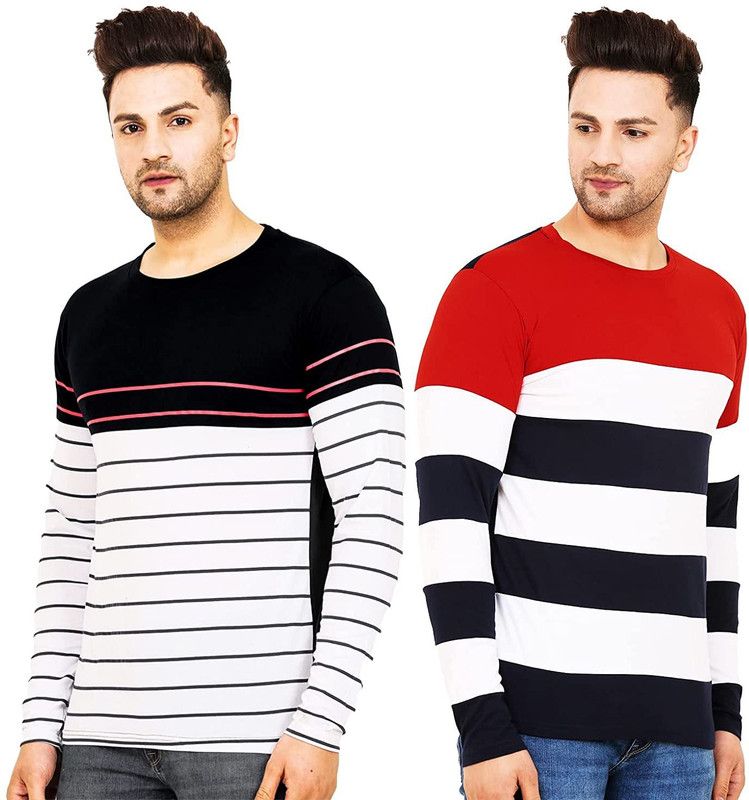 Striped Men Multicolor T-Shirt  (Pack of 2)